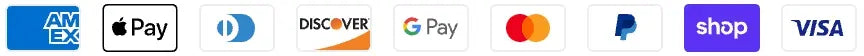 American Express, Apple Pay, Diners Club, Discover, Google Pay, Mastercard, PayPal, Shop Pay and Visa accepted