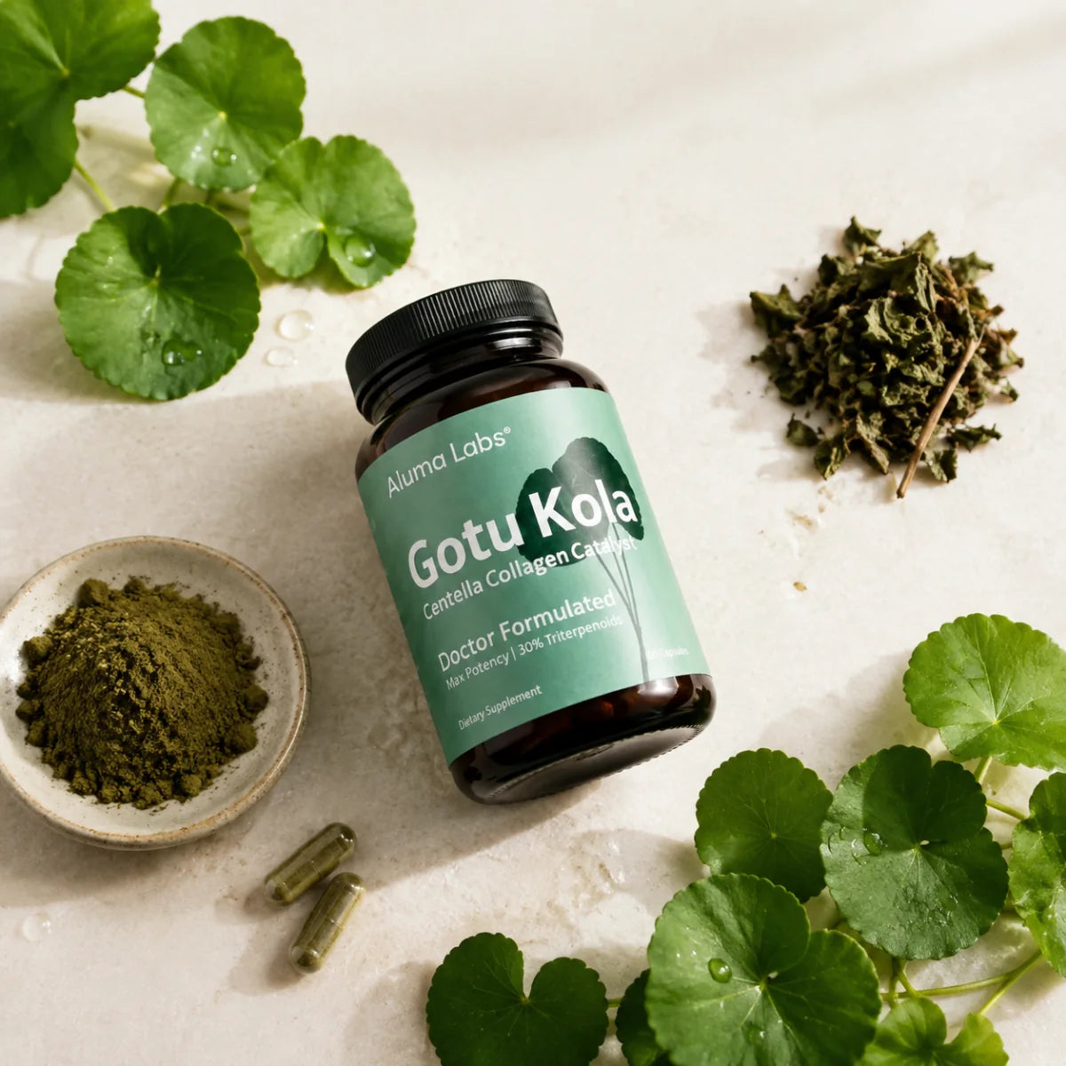 Aluma Labs Gotu Kola with Centella leaves, whole herb, extract, and capsules